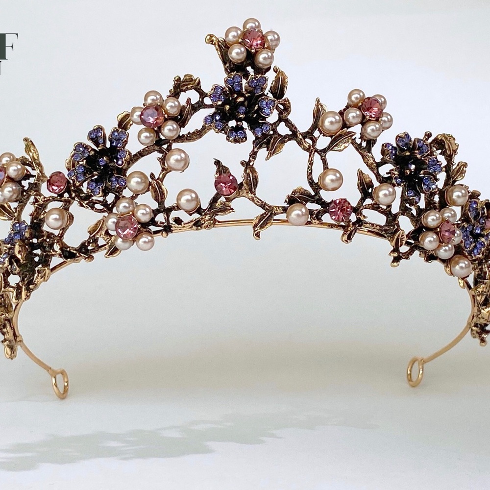 Elegant Gold and Pearl Floral Tiara, pink purple crystals crown, birthday tiara